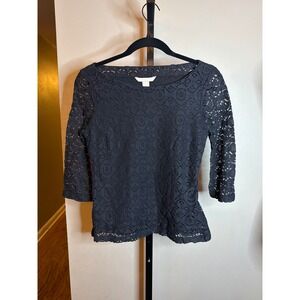 Banana Republic Black Floral Lace Boat Neck Top 3/4 Sleeve Blouse Size 4
